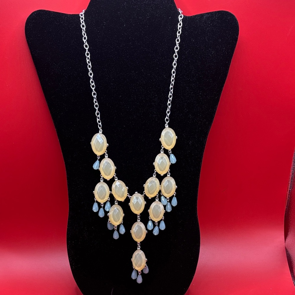 Vintage Chic Silver Necklace with Yellow and Blue Drops